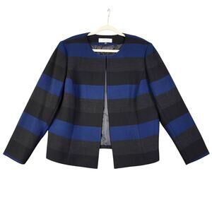 Tahari ASL Womens Blazer Jacket Plus Size 14W Blue Gray Black Stripe Collarless